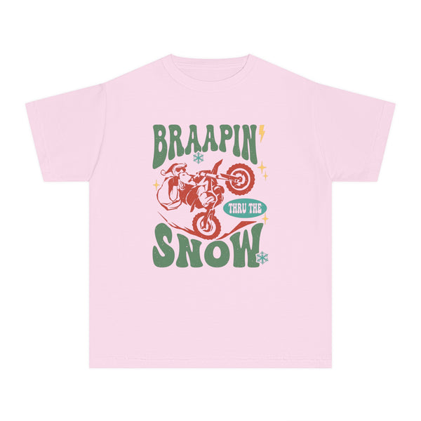 Braapin' Through the Snow Youth Garment-Dyed Midweight Tee | Kids Racing Themed Christmas T-Shirt