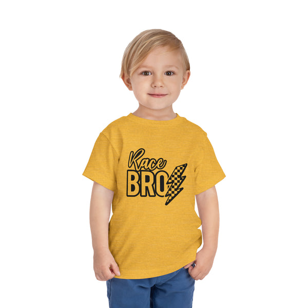 Race Bro With Checkered Lightning Bolt Toddler Short Sleeve Tee | Kids Race Day Toddler T-Shirt | SxS Moto Dirt Track Car Racing Shirt