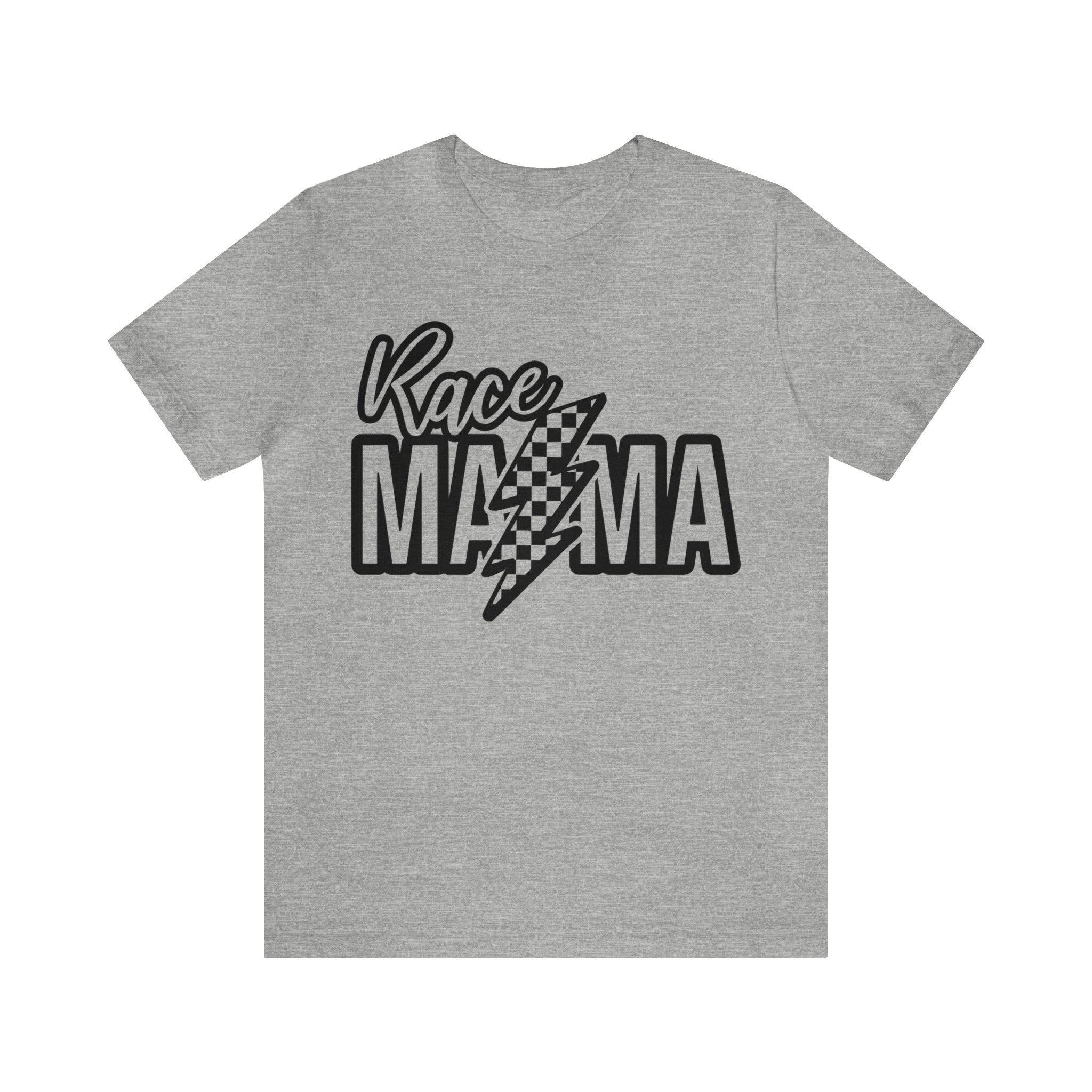 Race Mama with Checkered Lightning Bolt Adult Unisex Jersey Short Sleeve Tee | Race Mom T-Shirt