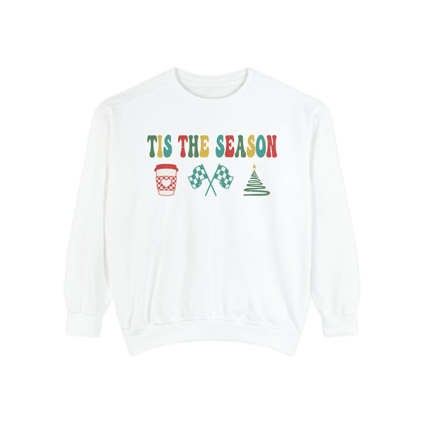 Tis the Season for Coffee Racing and Christmas Adult Unisex Garment-Dyed Sweatshirt | Racing Themed Christmas Sweatshirt