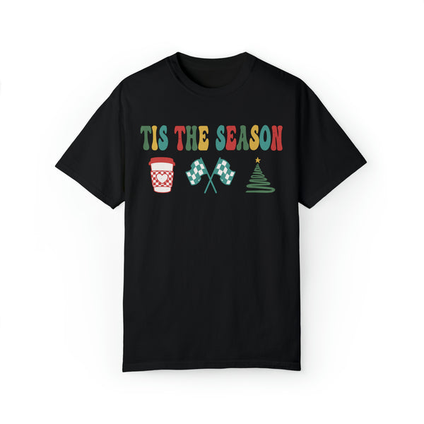 Tis the Season for Coffee Racing and Christmas Adult Unisex Garment-Dyed T-shirt | Racing Themed Tis the Season Tee