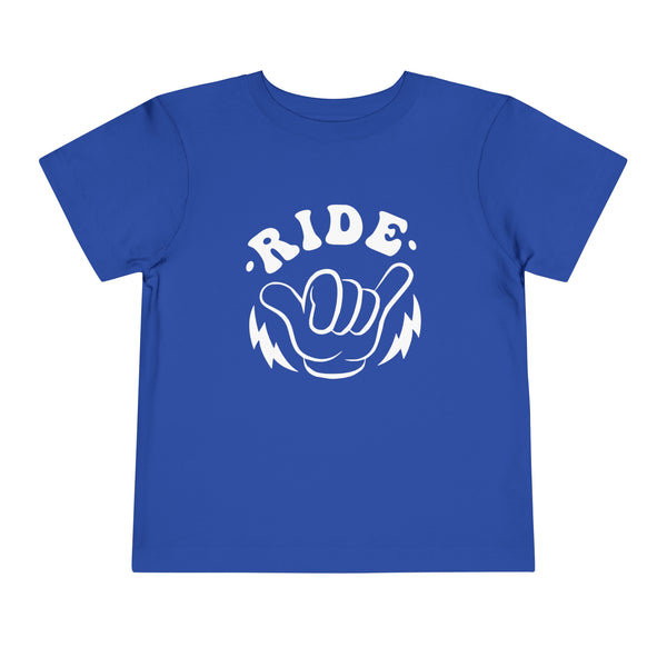 Retro Groovy Ride All Day with Shaka Hand Front and Back Toddler Short Sleeve Tee | Kids Race Girl Shirt | Ride Toddler Pit Crew T-Shirt