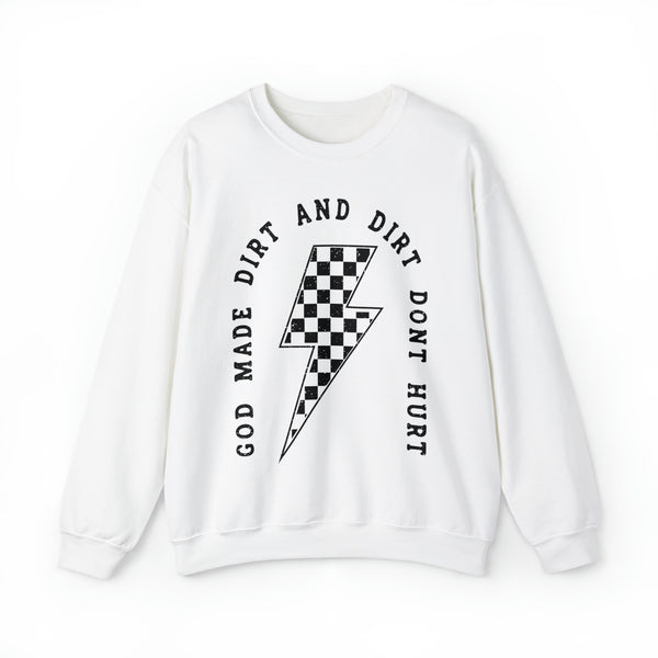 God Made Dirt and Dirt Don't Hurt with Checkered Lightning Bolt Adult Unisex Heavy Blend™ Crewneck Sweatshirt | Race Day Sweatshirt