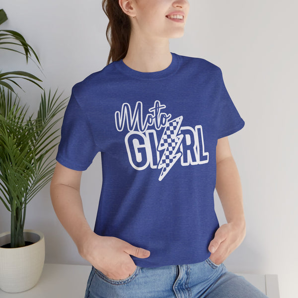 Moto Girl with Checkered Lightning Bolt Unisex Jersey Short Sleeve Tee | MX Motocross Dirt Bike Chick Shirt