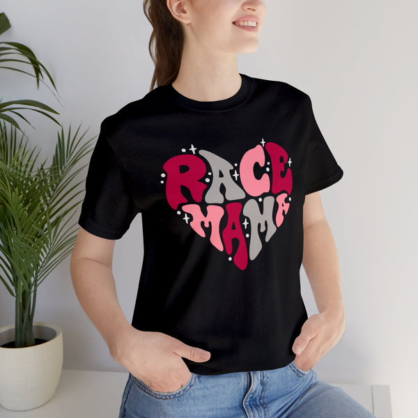 Race Mama Retro Heart Adult Unisex Jersey Short Sleeve Tee | Race Family Shirt | MX SX BMX Dirt Track Race Mom Valentine's Day Shirt