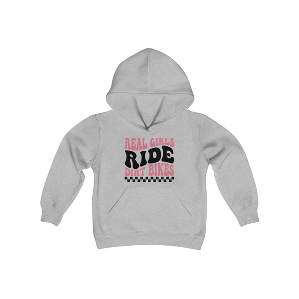 Kids Real Girls Ride Dirt Bikes Youth Heavy Blend Hooded Sweatshirt | Kids Moto Girl Hoodie | Moto Girl Youth Hoodie