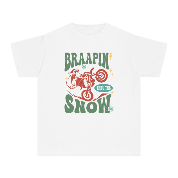 Braapin' Through the Snow Youth Garment-Dyed Midweight Tee | Kids Racing Themed Christmas T-Shirt