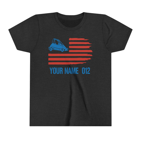 Quarter Midget American Flag Youth Short Sleeve Tee Personalized with Your Name and Number | Kids Moto 4th of July Sprint Car Racing Youth T-Shirt