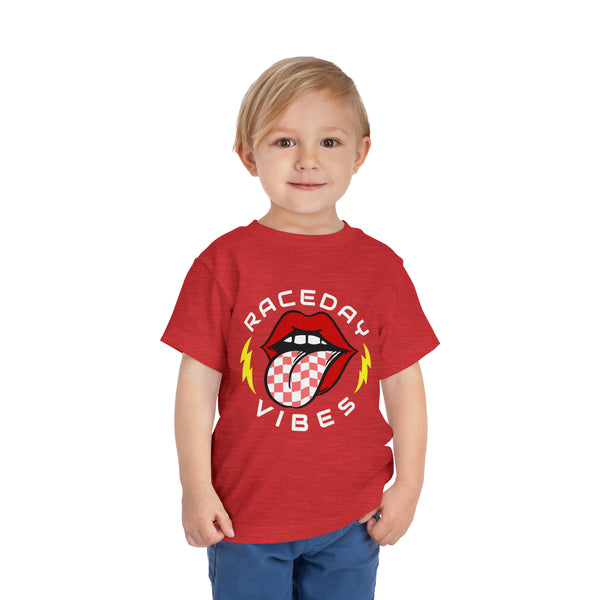 Raceday Vibes Toddler Short Sleeve Tee | Kids Race Day Toddler T-Shirt | SxS Moto Dirt Track Car Racing Shirts Lips Tongue Lightning Bolt