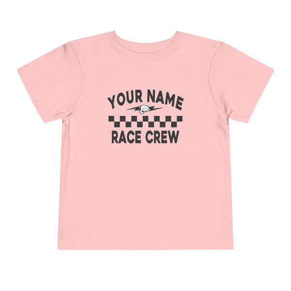 Personalized Your Name Race Crew with Fist and Lightning Bolt Toddler Short Sleeve Tee | Kids Race Girl Shirt | Race Toddler Pit Crew T-Shirt