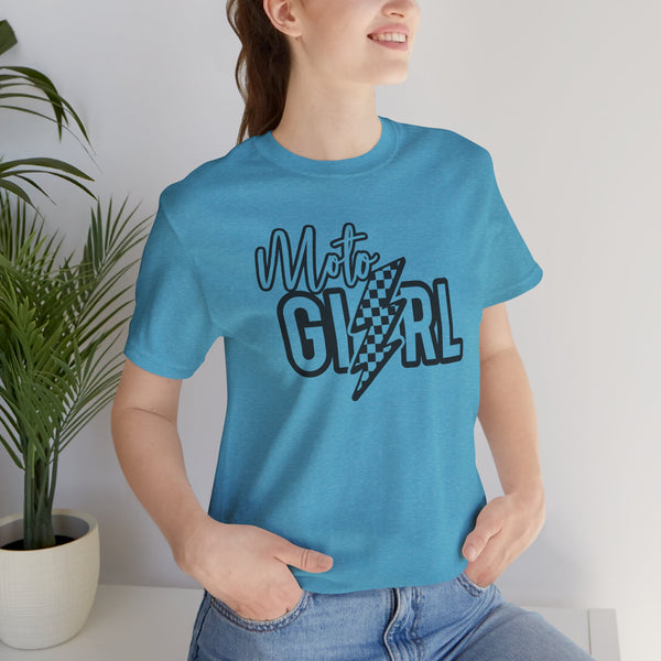 Moto Girl with Checkered Lightning Bolt Unisex Jersey Short Sleeve Tee | MX Motocross Dirt Bike Chick Shirt