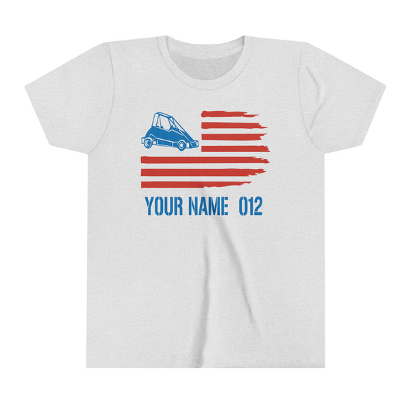 Quarter Midget American Flag Youth Short Sleeve Tee Personalized with Your Name and Number | Kids Moto 4th of July Sprint Car Racing Youth T-Shirt