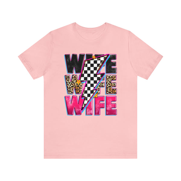 Race Wife with Checkered Lightning Bolt Adult Unisex Jersey Short Sleeve Tee