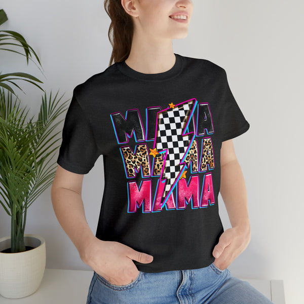 Race Mama with Checkered Lightning Bolt Adult Unisex Jersey Short Sleeve Tee