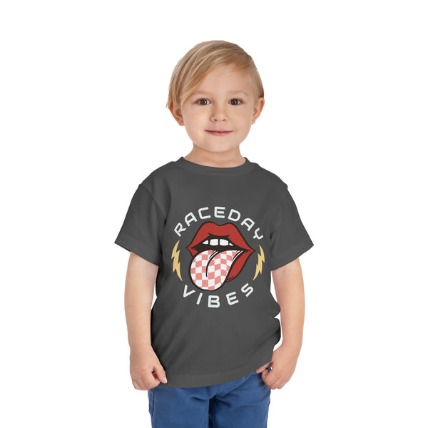 Raceday Vibes Toddler Short Sleeve Tee | Kids Race Day Toddler T-Shirt | SxS Moto Dirt Track Car Racing Shirts Lips Tongue Lightning Bolt