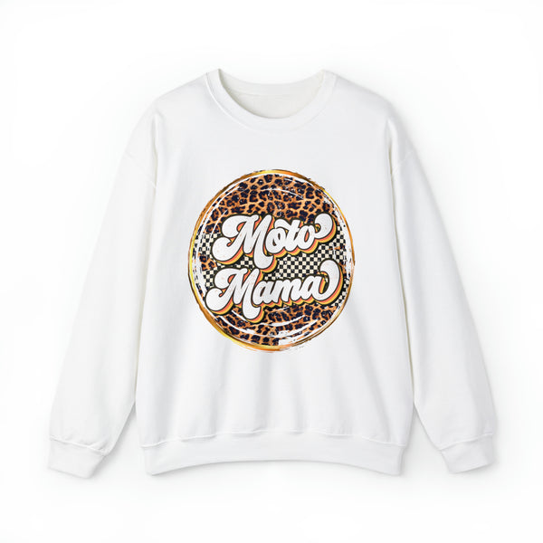 Moto Mama with Leopard and Checkered Pattern Adult Unisex Heavy Blend™ Crewneck Sweatshirt | Moto Mama Leopard Sweatshirt