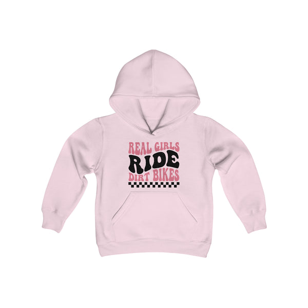 Kids Real Girls Ride Dirt Bikes Youth Heavy Blend Hooded Sweatshirt | Kids Moto Girl Hoodie | Moto Girl Youth Hoodie