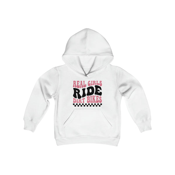 Kids Real Girls Ride Dirt Bikes Youth Heavy Blend Hooded Sweatshirt | Kids Moto Girl Hoodie | Moto Girl Youth Hoodie