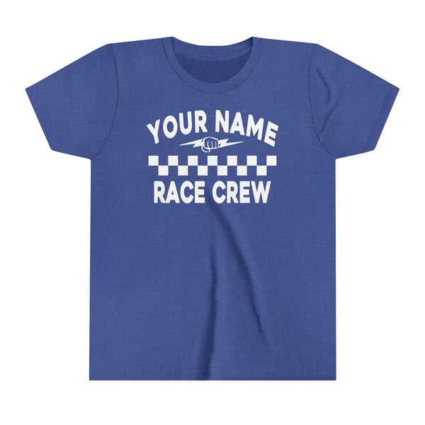 Personalized Your Name Race Crew with Fist and Lightning Bolt Youth Short Sleeve Tee | Kids Race Tees | Youth Race Crew Pit Crew Race Day Shirt