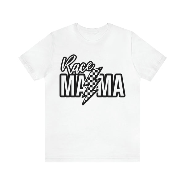 Race Mama with Checkered Lightning Bolt Adult Unisex Jersey Short Sleeve Tee | Race Mom T-Shirt