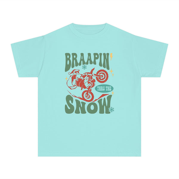 Braapin' Through the Snow Youth Garment-Dyed Midweight Tee | Kids Racing Themed Christmas T-Shirt