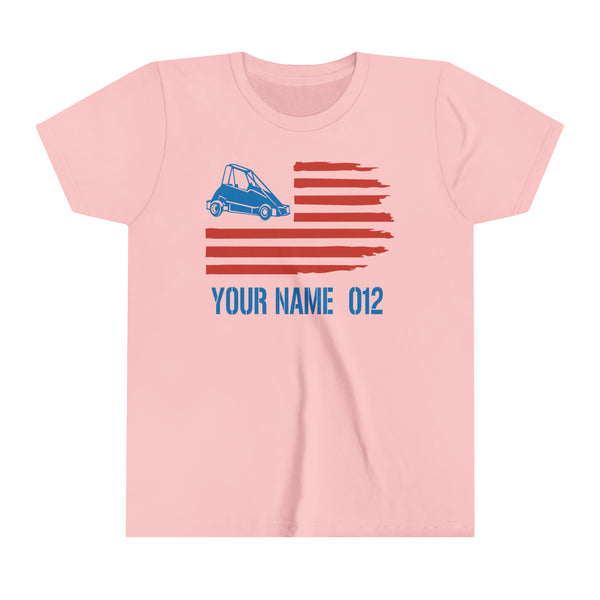 Quarter Midget American Flag Youth Short Sleeve Tee Personalized with Your Name and Number | Kids Moto 4th of July Sprint Car Racing Youth T-Shirt