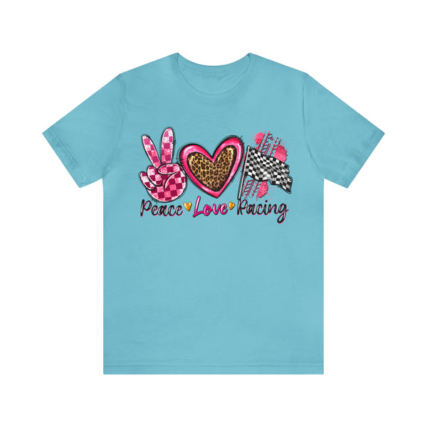 Peace Love Racing Hot Pink and Leopard Adult Unisex Jersey Short Sleeve Tee