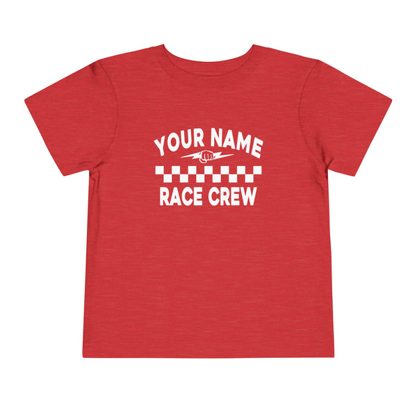 Personalized Your Name Race Crew with Fist and Lightning Bolt Toddler Short Sleeve Tee | Kids Race Girl Shirt | Race Toddler Pit Crew T-Shirt