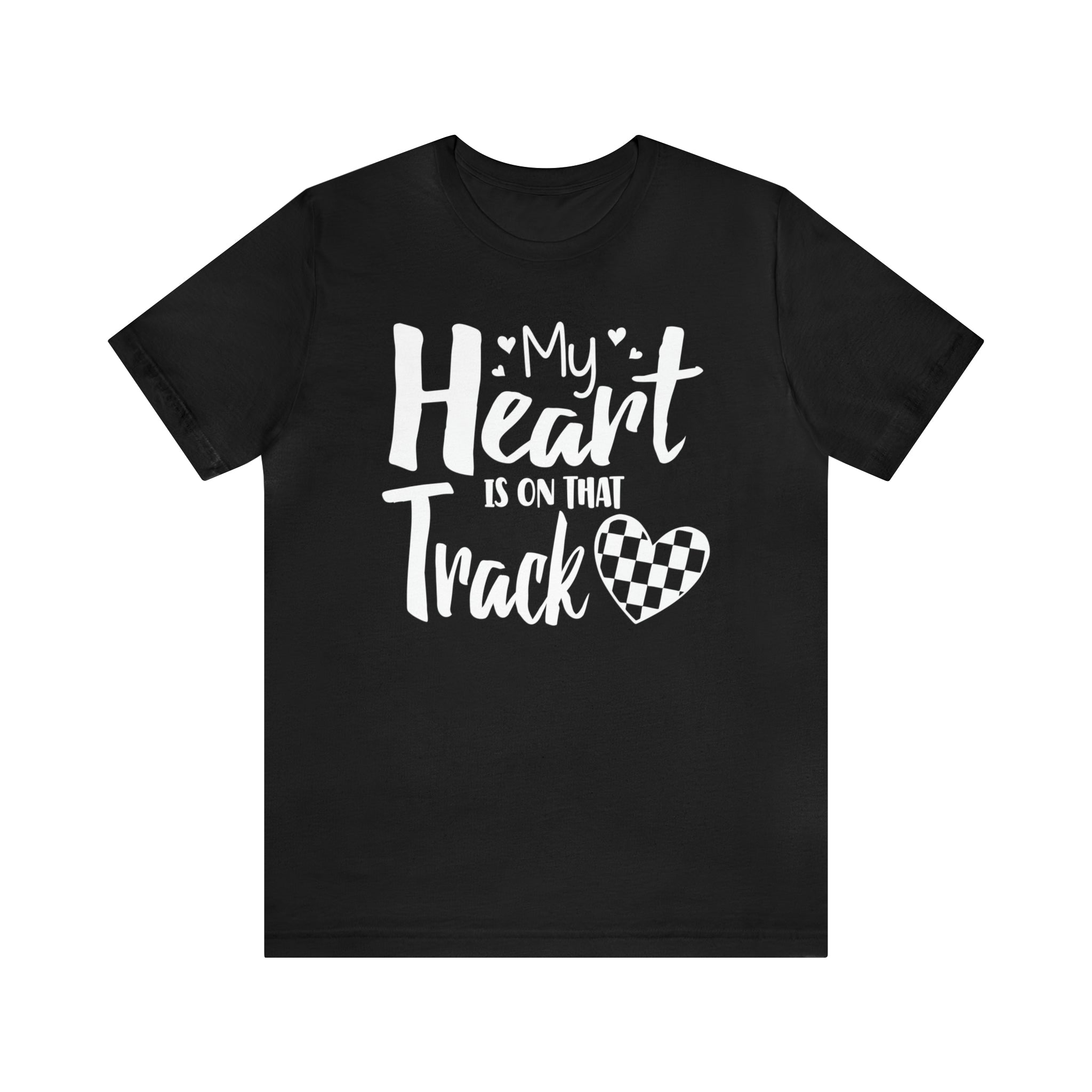 My Heart is on that Track with Checkered Heart Adult Unisex Jersey Short Sleeve Tee | Racer's Wife Mom Girlfriend Shirt