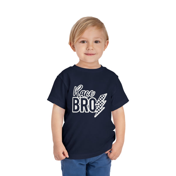 Race Bro With Checkered Lightning Bolt Toddler Short Sleeve Tee | Kids Race Day Toddler T-Shirt | SxS Moto Dirt Track Car Racing Shirt