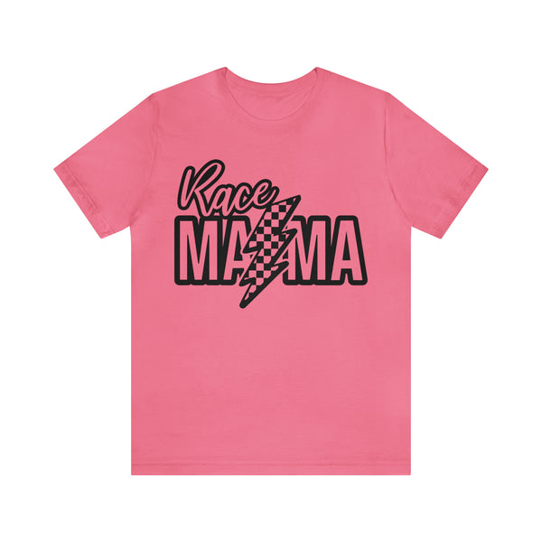 Race Mama with Checkered Lightning Bolt Adult Unisex Jersey Short Sleeve Tee | Race Mom T-Shirt