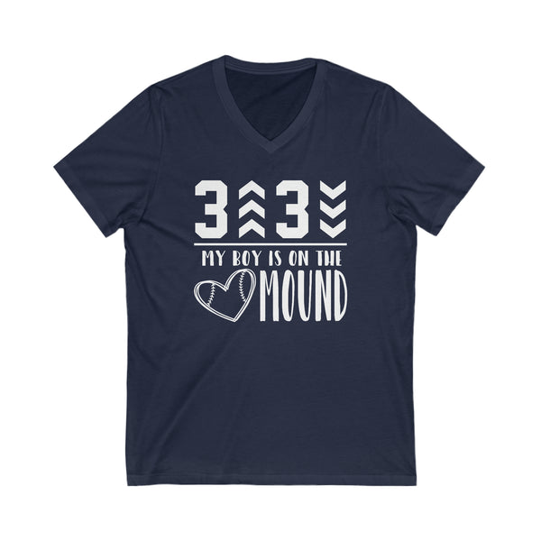 3 Up 3 Down My Boy is on the Mound Adult Unisex Jersey Short Sleeve V-Neck Tee | Baseball Pitcher's Mom or Dad Game Day T-Shirt