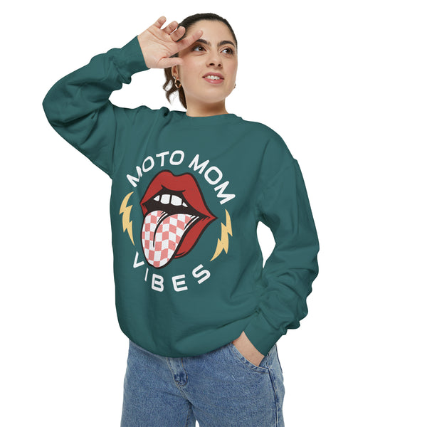 Moto Mom Vibes Unisex Garment-Dyed Sweatshirt | Moto Mom Race Day Sweatshirt | MX Motocross Dirt Track Sweatshirts Lips Tongue Lightning Bolt