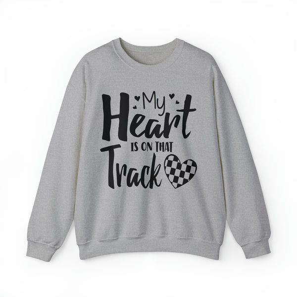 My Heart is on that Track with Checkered Heart Adult Unisex Heavy Blend™ Crewneck Sweatshirt | Racer's Wife Mom Girlfriend Sweatshirt