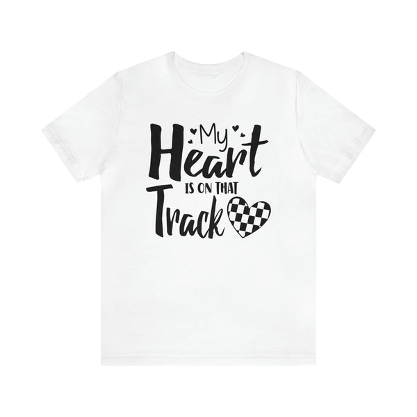 My Heart is on that Track with Checkered Heart Adult Unisex Jersey Short Sleeve Tee | Racer's Wife Mom Girlfriend Shirt