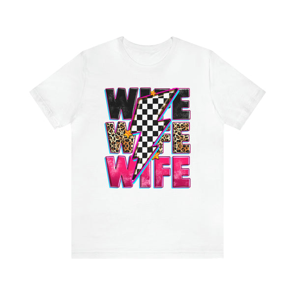 Race Wife with Checkered Lightning Bolt Adult Unisex Jersey Short Sleeve Tee