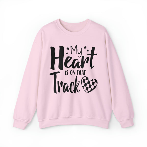 My Heart is on that Track with Checkered Heart Adult Unisex Heavy Blend™ Crewneck Sweatshirt | Racer's Wife Mom Girlfriend Sweatshirt