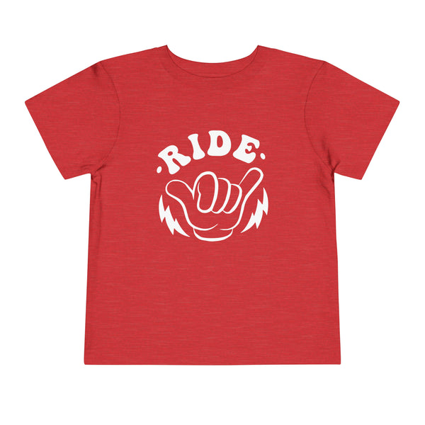 Retro Groovy Ride All Day with Shaka Hand Front and Back Toddler Short Sleeve Tee | Kids Race Girl Shirt | Ride Toddler Pit Crew T-Shirt