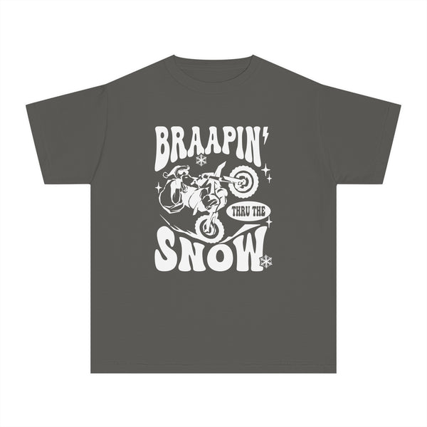 Braapin' Through the Snow Youth Garment-Dyed Midweight Tee | Kids Racing Themed Christmas T-Shirt