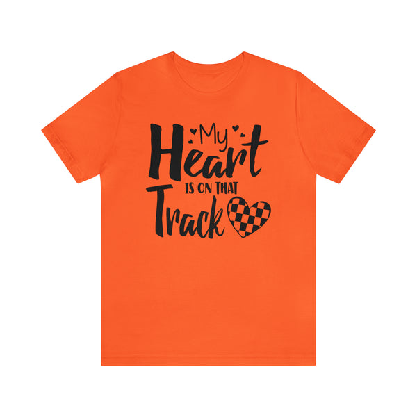 My Heart is on that Track with Checkered Heart Adult Unisex Jersey Short Sleeve Tee | Racer's Wife Mom Girlfriend Shirt