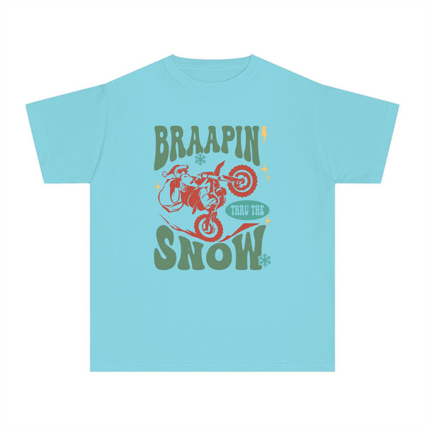 Braapin' Through the Snow Youth Garment-Dyed Midweight Tee | Kids Racing Themed Christmas T-Shirt