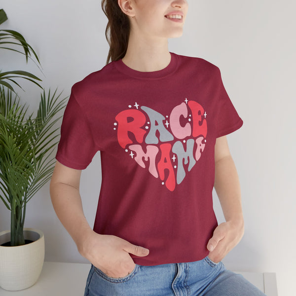 Race Mama Retro Heart Adult Unisex Jersey Short Sleeve Tee | Race Family Shirt | MX SX BMX Dirt Track Race Mom Valentine's Day Shirt