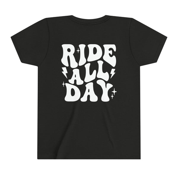 Retro Groovy Ride All Day with Shaka Hand Front and Back Youth Short Sleeve Tee | Kids Race Tees | Youth Riding Day Shirt