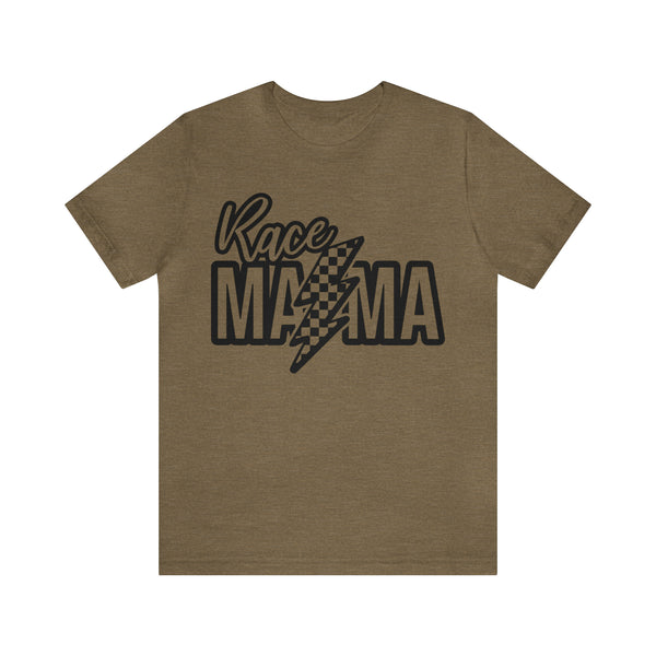 Race Mama with Checkered Lightning Bolt Adult Unisex Jersey Short Sleeve Tee | Race Mom T-Shirt