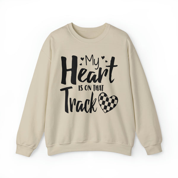 My Heart is on that Track with Checkered Heart Adult Unisex Heavy Blend™ Crewneck Sweatshirt | Racer's Wife Mom Girlfriend Sweatshirt