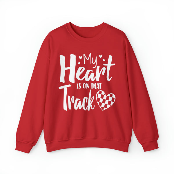 My Heart is on that Track with Checkered Heart Adult Unisex Heavy Blend™ Crewneck Sweatshirt | Racer's Wife Mom Girlfriend Sweatshirt