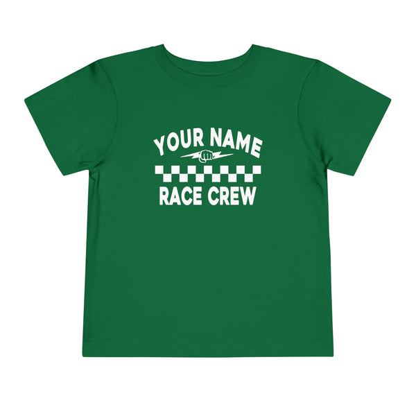 Personalized Your Name Race Crew with Fist and Lightning Bolt Toddler Short Sleeve Tee | Kids Race Girl Shirt | Race Toddler Pit Crew T-Shirt