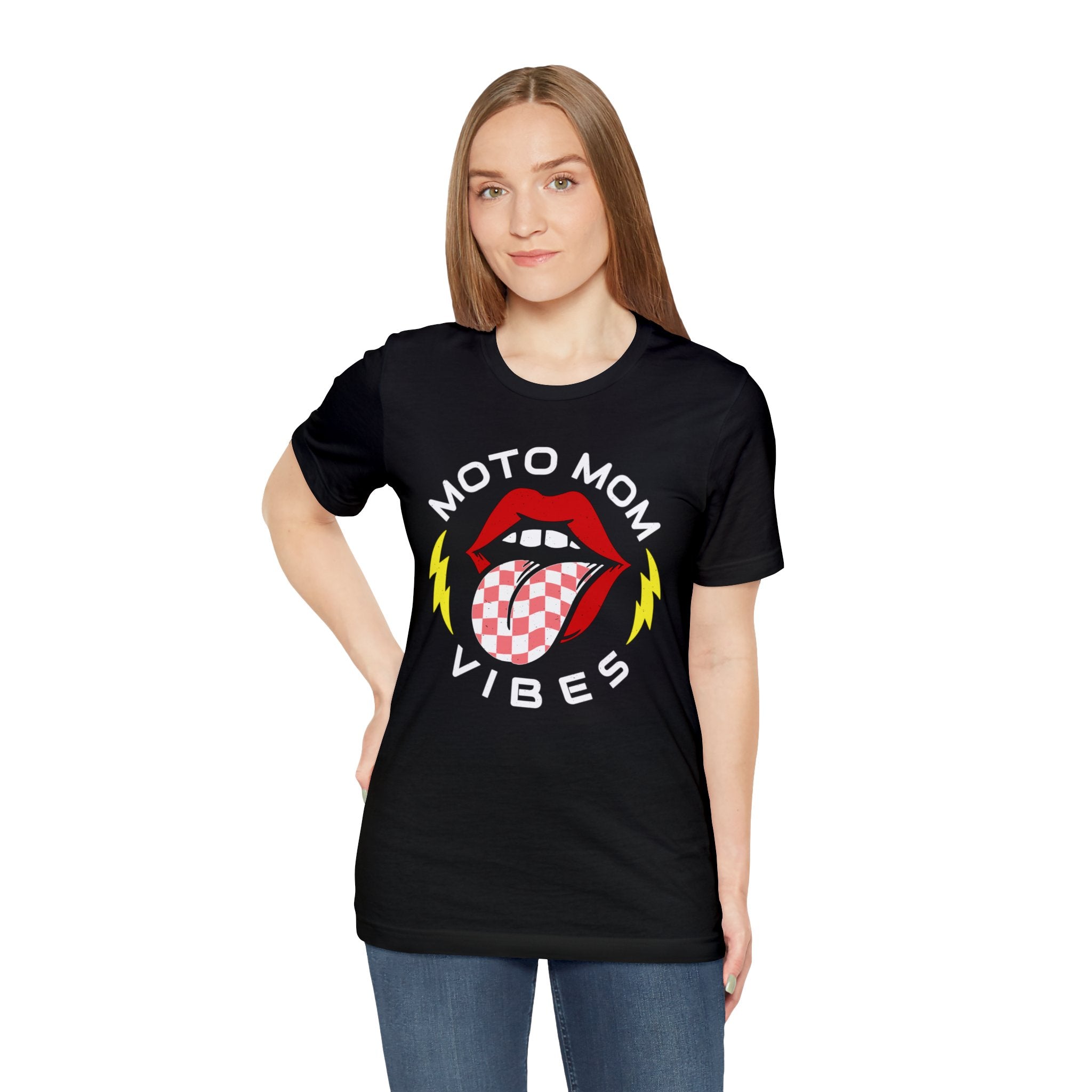 Moto Mom Vibes Adult Unisex Jersey Short Sleeve Tee | Moto Mom Race Day Shirt | MX Motocross Dirt Track Shirts Lips Tongue Lightning Bolt