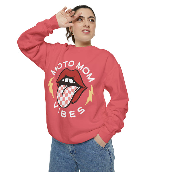 Moto Mom Vibes Unisex Garment-Dyed Sweatshirt | Moto Mom Race Day Sweatshirt | MX Motocross Dirt Track Sweatshirts Lips Tongue Lightning Bolt