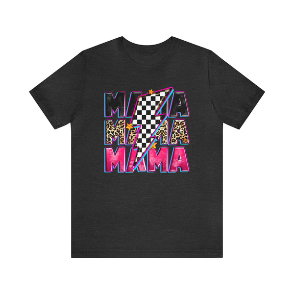 Race Mama with Checkered Lightning Bolt Adult Unisex Jersey Short Sleeve Tee